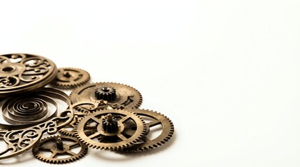 Fototapeta premium Vintage brass clockwork gears and mechanical parts arranged on white background for steampunk design projects and industrial crafts.