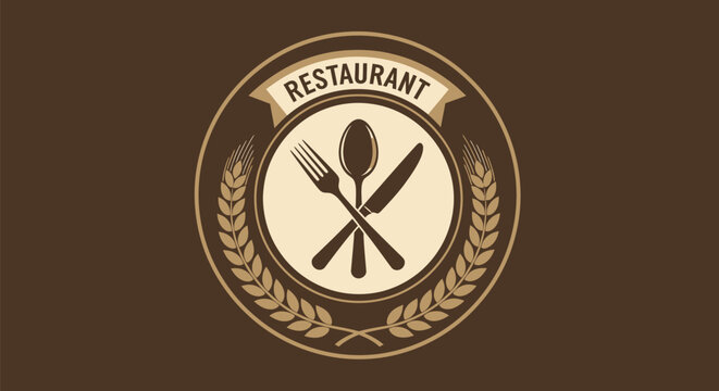 Restaurant Emblem with Cutlery and Laurel Wreath.