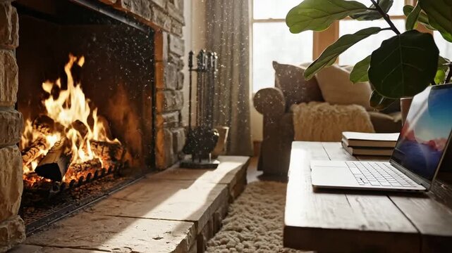 Cozy rustic wooden living room fireplace burning with warm flames laptop on wooden table remote work from home setup natural light indoor plant peaceful ambiance