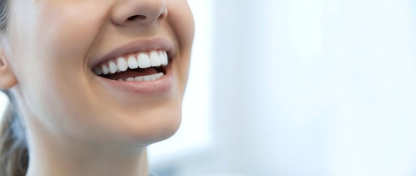 Close-up of young woman's bright white smile showing perfect teeth and joyful expression for dental health and beauty concepts.