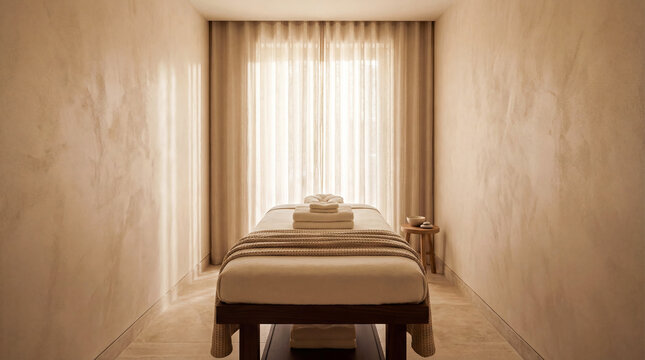 Minimal spa treatment room with massage bed and soft natural light