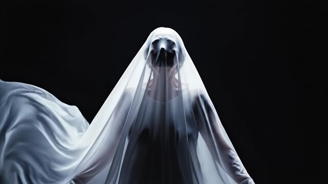 Ghostly figure in white sheet with holes cut out for eyes on black background