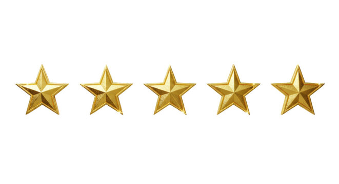 five opulent metallic gold stars, horizontally aligned on transparent background with copy space, shot top-down under bright studio lighting. concept of premium quality and excellence rating