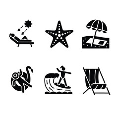 Obraz premium Summer activities icon set with beach relaxation, ocean waves, starfish, and sun vector elements, featuring surfing and sunbathing on lounge chairs in a flat black style on white background