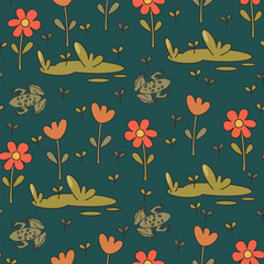 cute hand drawn frogs,  red and orange daisy flowers and grass  seamless vector pattern illustration on green background
