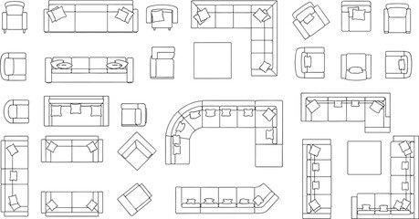 Sofa furniture top view illustration set, living room couch layouts, interior design blueprint, outline vector collection