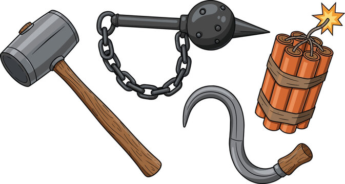 Medieval weapon illustration set, hammer flail hook dynamite, cartoon fantasy tools, colorful detailed vector icons pack