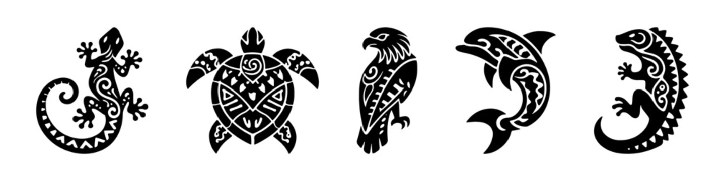 Collection of five tribal animal tattoos featuring gecko, sea turtle, eagle, dolphin, and iguana in a black and white ethnic style.