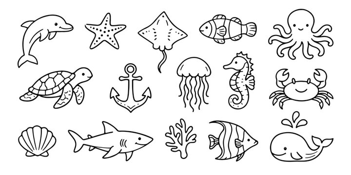Set of cute sea creature line art icons featuring a dolphin, shark, turtle, and more. Ideal for coloring pages, stickers, and educational projects.