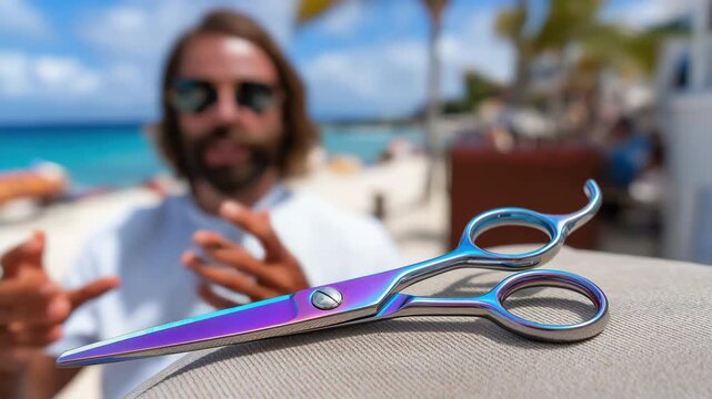 Vibrant scissors detail on tropical beach with blurred background movement