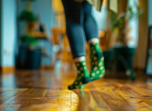 Close-up of feet in green clover socks dancing on a wooden floor. Person doing a playful jig indoors for St. Patrick's Day celebration. Irish holiday concept