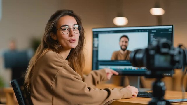 Female content creator filming video call interview in home studio with camera screen modern online media production workflow