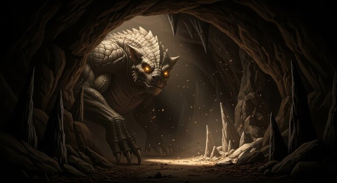 Ferocious reptile creature emerges from a dark, cavernous den with glowing eyes