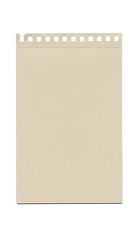 Blank kraft paper notepad page with perforated spiral binding edge isolated on white background for notes and writing.
