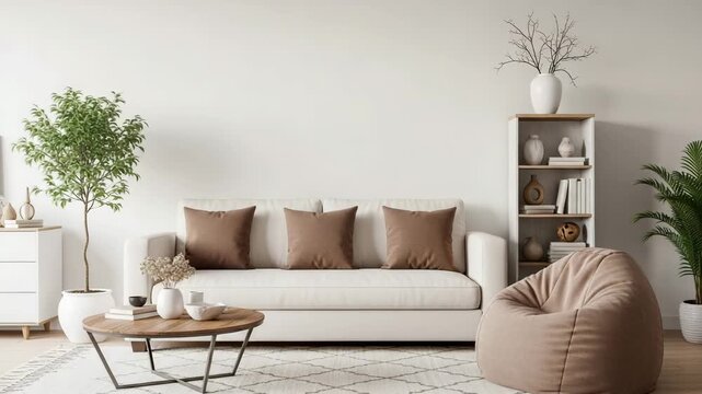 Cozy living room with white sofa, brown pillows, and bean bag chair on a patterned rug with plants and decor