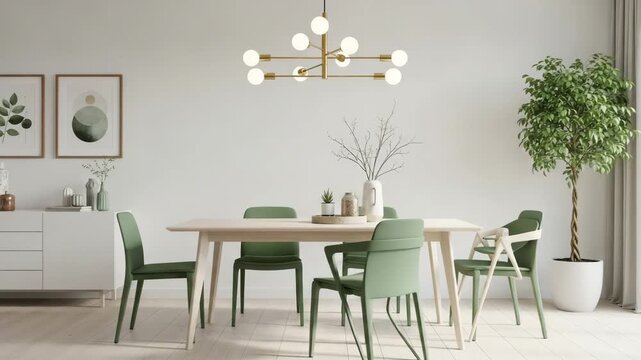 Modern dining room with green chairs and a large plant in a white pot on a light wood floor