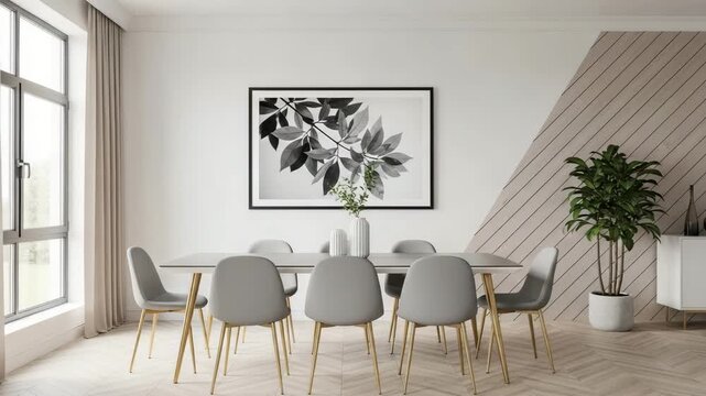 Modern dining room with gray chairs and a large plant in a white pot on a wooden floor