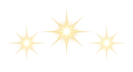 Three yellow starburst icons isolated on transparent background shining brightly