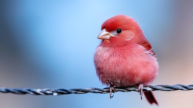 Small red finch bird perched on wire fence with soft blurred background. Cute songbird with fluffy feathers sitting outdoors in natural habitat.