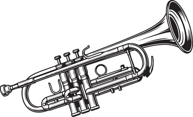 Detailed black and white trumpet line art illustration isolated on white background for music education, Black and white line art illustration of a classical trumpet music instrument