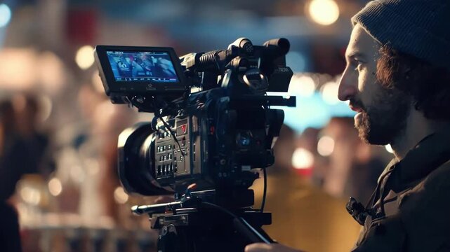 Medium shot of a camera operator filming dynamic scenes for a promotional video highlighting product features creatively