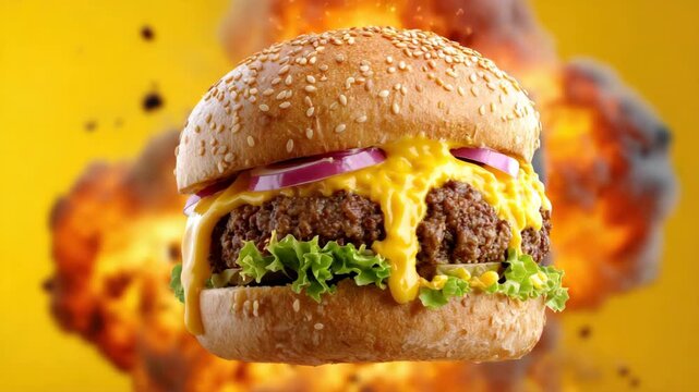 Explosive burger showcase: juicy cheeseburger with dripping cheese against dynamic fiery background