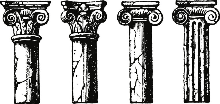 Four classical antique greek columns with ornate corinthian and ionic capitals black and white illustration