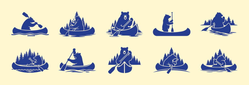 Bear and Canoe Adventure Vector Illustrations Set: Wilderness Camping and Kayaking Flat Design Graphics