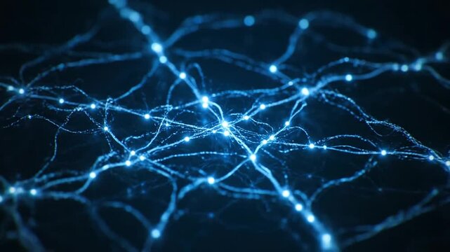 A futuristic network of glowing blue connections illustrating artificial intelligence and technology advancements from a top-down viewpoint