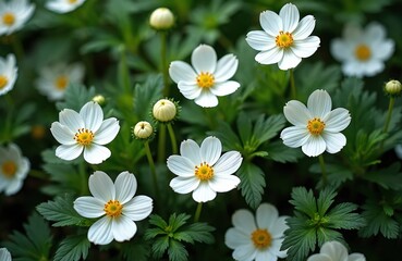 Fototapeta premium Field of white anemone flowers with green leaves and yellow centers. Delicate petals open in bloom. Buds are visible ready to open. Natural springtime floral detail.