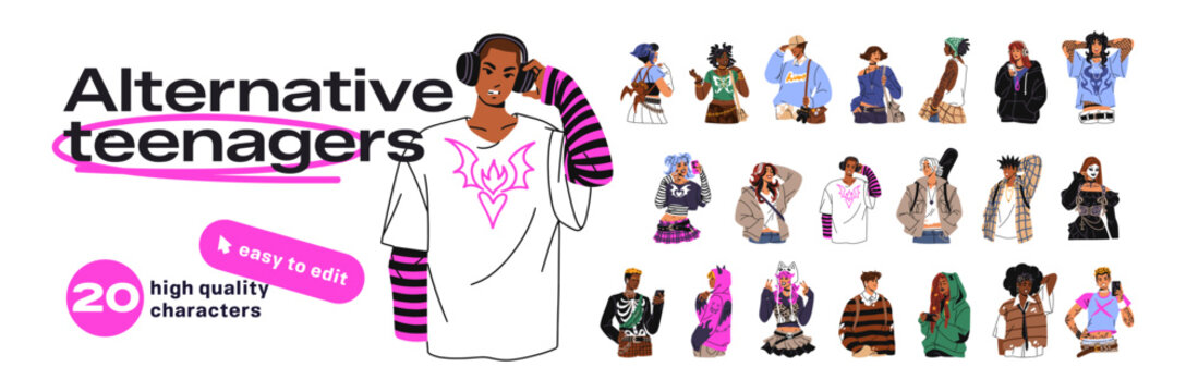 Diverse teens with different styles set. Teenagers in alternative outfits. Modern youth. Girls and boys in various trendy clothes. Fashion young men, women. Flat isolated vector illustrations on white