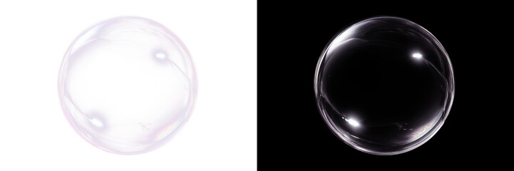 Small realistic soap bubble with soft pink, light and white shades, isolated on transparent PNG and black background.