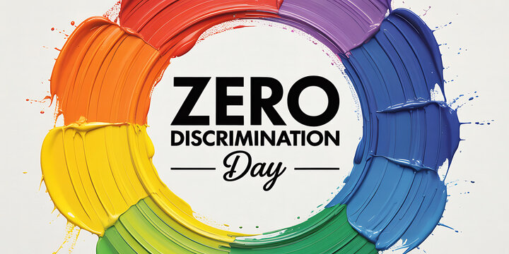 Rainbow paint strokes surround bold text celebrating zero discrimination day with inclusivity