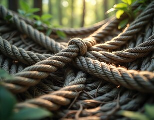 Fototapeta premium Thick natural fiber rope is knotted and piled in a forest setting. Sunlight filters through green leaves onto the rough texture. Calm nature scene.