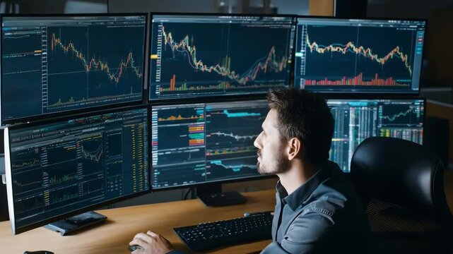 Market expert analyzing fluctuating stock market data on multiple screens to predict industryspecific financial trends and risks.