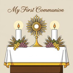 A serene first communion scene with candles, flowers, and a monstrance on an altar