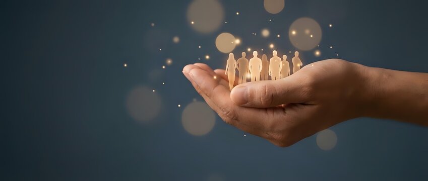 Human hands holding glowing wooden figures representing team unity and leadership in business environment with bokeh lights background.