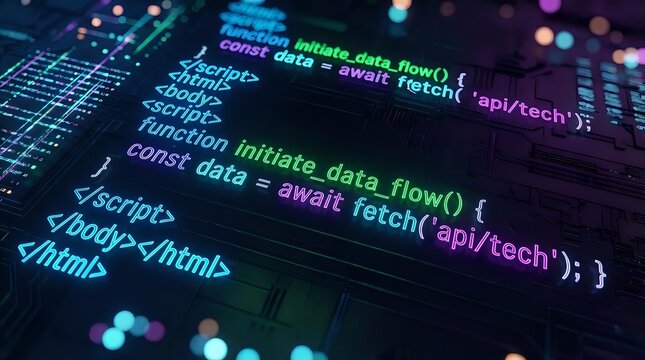 Programming code on computer screen with colorful syntax highlighting showing JavaScript functions and HTML elements for web development projects.