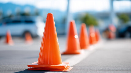 Orange traffic safety cones marking parking lot in daylight outdoors, focus on central cone, safety measures visible, driving course preparation, construction event setup, accident