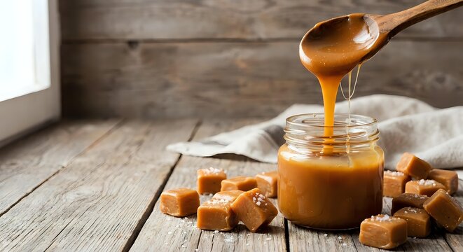 Golden caramel sauce dripping from wooden spoon into glass jar with soft caramel candies on rustic wooden table for dessert recipes and confectionery.