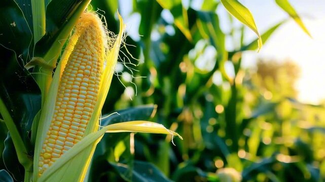 Close-up view of corn cobs hanging from stalks, illuminated by warm sunlight, showcasing rich colors and textures in a golden field environment	
