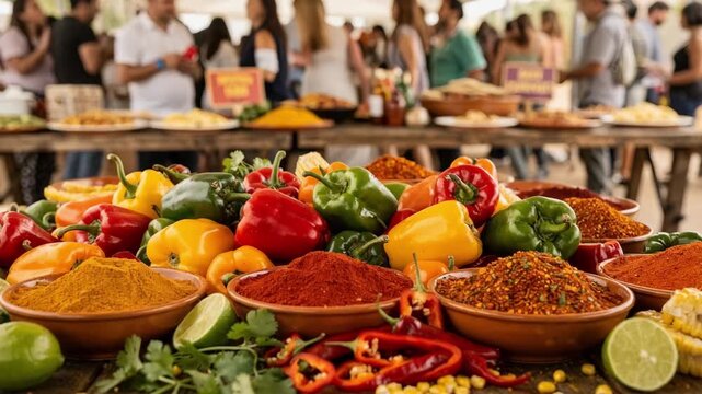 Medium shot emphasizing Latin food staples such as bright peppers and chili powders with an indistinct crowd gathering around tables organized by cuisine in the background.