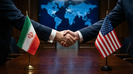 Official handshake of diplomats between USA and Iran with world map background