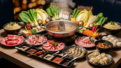 A vibrant spread of hot pot ingredients and dumplings on a wooden table.
