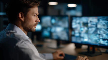 Fototapeta premium Person with headphones monitoring parking lot through security screen, surveillance operations representation, digital observation technology, safety management workspace, faceless