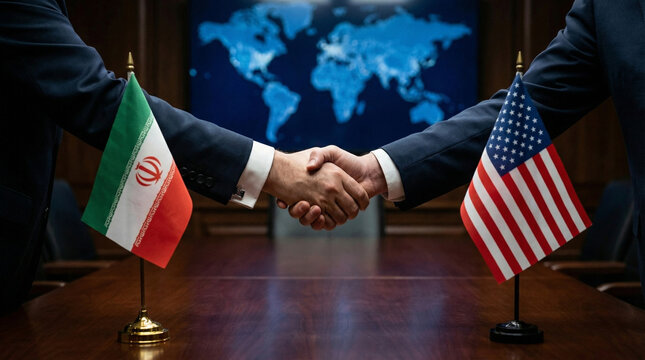 Official handshake of diplomats between USA and Iran with world map background