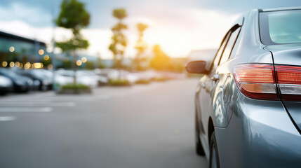 Obraz premium Car parking in large asphalt parking lot facility, single vehicle in expansive commercial space, automotive storage area, transportation infrastructure, open lot environment, defoc