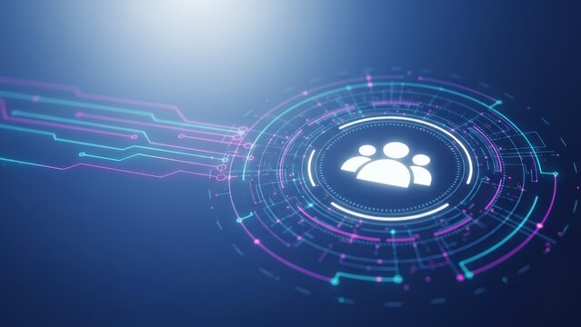 Abstract blue interface featuring a team icon and circuit lines to connect users in a digital connection.