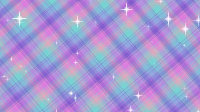 An animated background featuring a pastel color palette (pink blue purple turquoise) in a diagonal plaid or tartan pattern with small white sparkling stars twinkle and float across the surface
