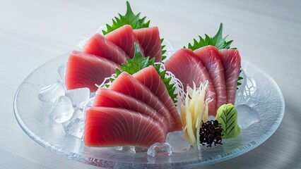 A beautifully presented plate of fresh sashimi with various toppings and garnishes